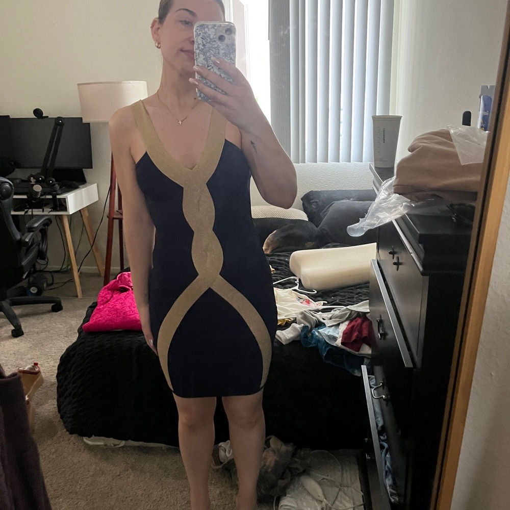 Guess Blue and Cream Halter Bodycon Mini Dress